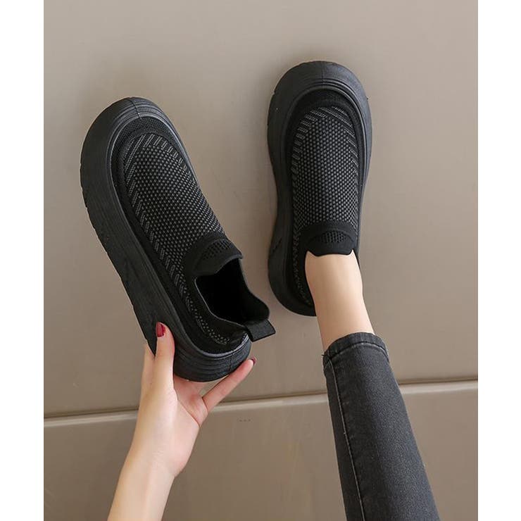 ブラック | 厚底メッシュスリッポンスニーカー軽量通気 | Miniministore