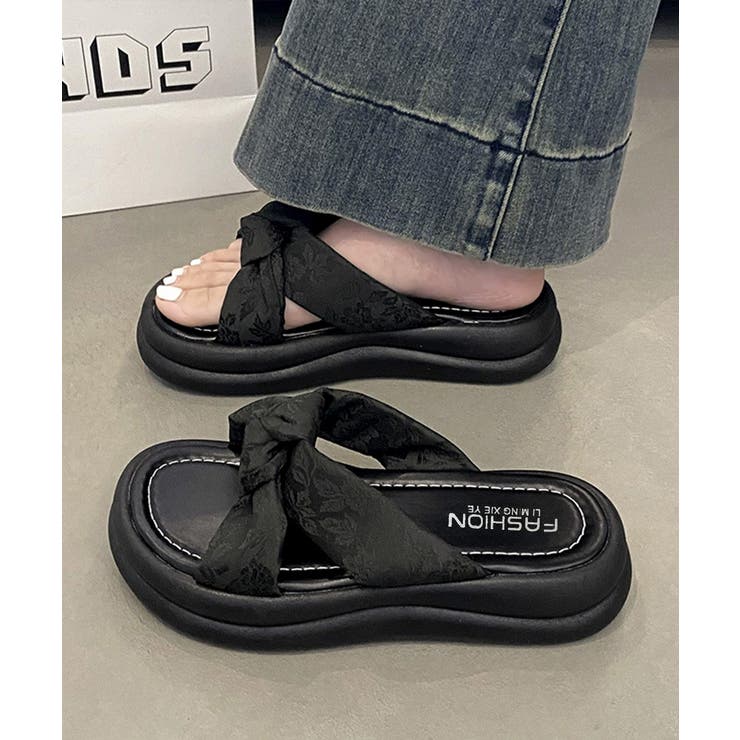ブラック系1*オールブラック | ドット柄クロスリボン厚底サンダル美脚脚長 | Miniministore