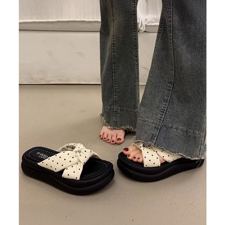 アイボリー | ドット柄クロスリボン厚底サンダル美脚脚長 | Miniministore