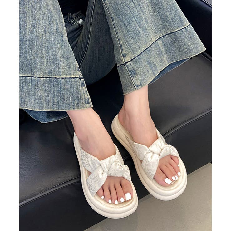 アイボリー系1*花柄 | ドット柄クロスリボン厚底サンダル美脚脚長 | Miniministore