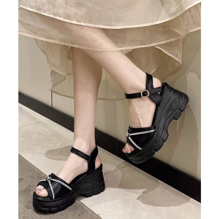 ブラック | オープントゥ厚底サンダルレディース美脚靴 | Miniministore