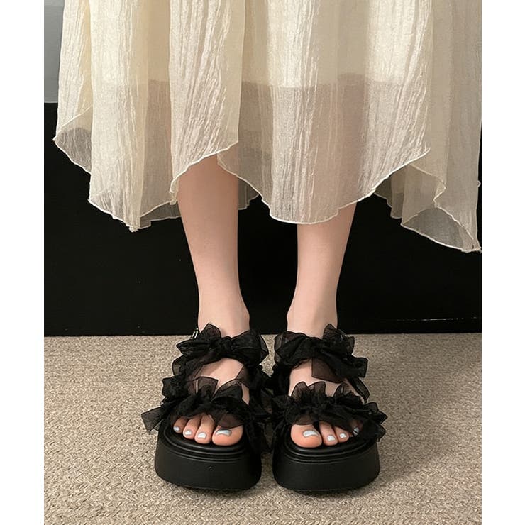 ブラック | 厚底サンダル可愛い シアーリボンサンダル | Miniministore