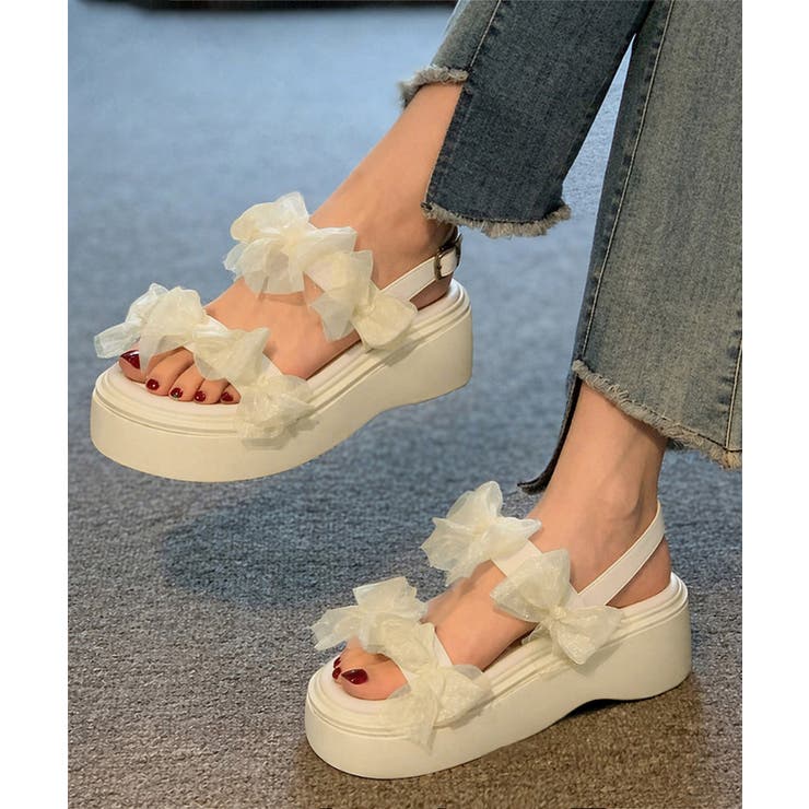 アイボリー | 厚底サンダル可愛い シアーリボンサンダル | Miniministore