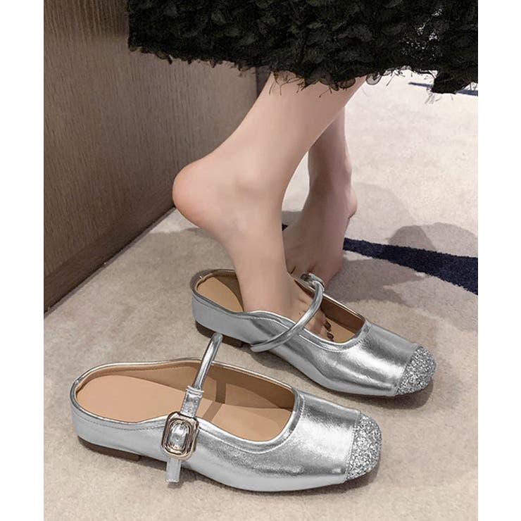 シルバー | フラットミュールラメトゥキャップシューズ | Miniministore