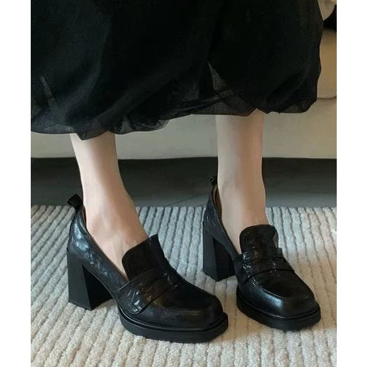 ブラック | スクエアトゥローファー 太ヒールパンプス | Miniministore
