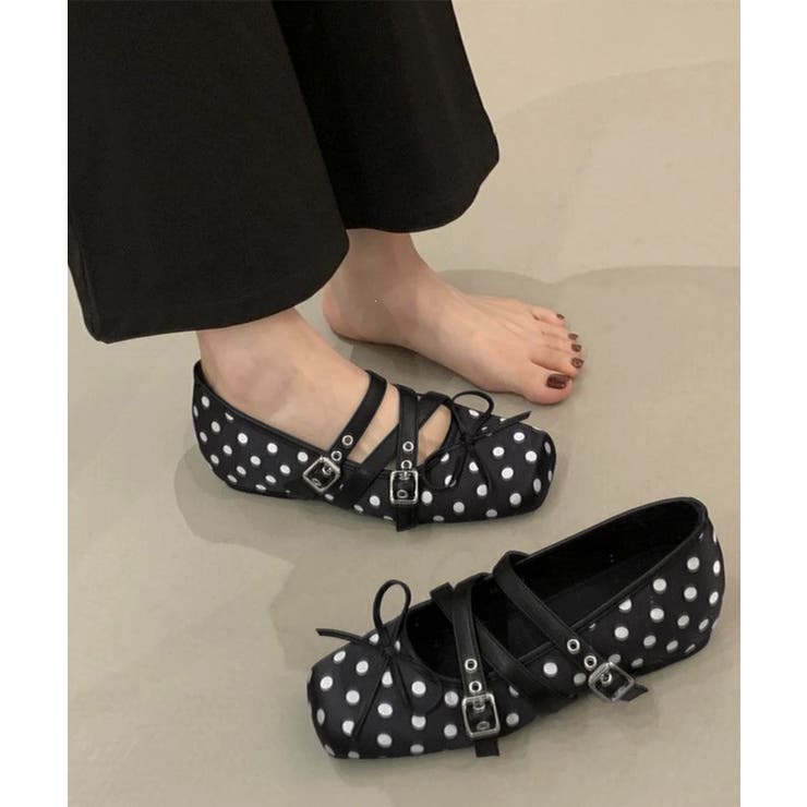 ブラック | クラシカルドットバレエシューズ ダブルストラップフラットパンプス ガーリー靴韓国… | SUNSHINE CLOSET