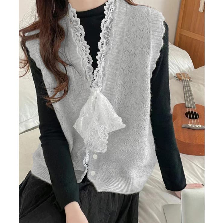 ライトグレー | ニットベストネックラインレースニットジレ | Miniministore