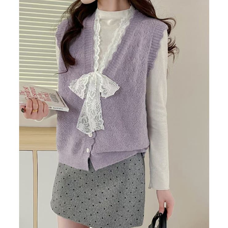 ラベンダー | ニットベストネックラインレースニットジレ | Miniministore
