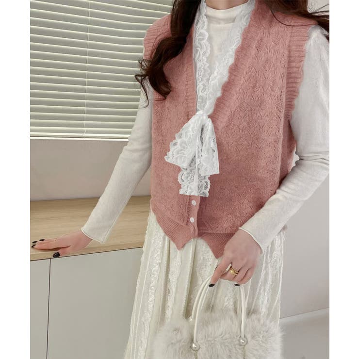 ピンク | ニットベストネックラインレースニットジレ | Miniministore