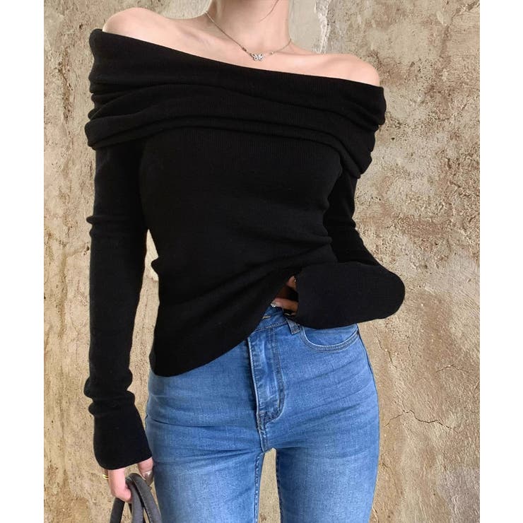 ブラック | ワイドオフショルダーニットトップス肩出し | Miniministore