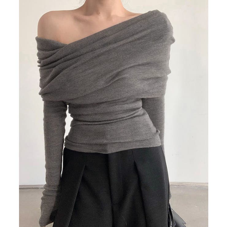 ダークグレー | ワイドオフショルダーニットトップス肩出し | Miniministore