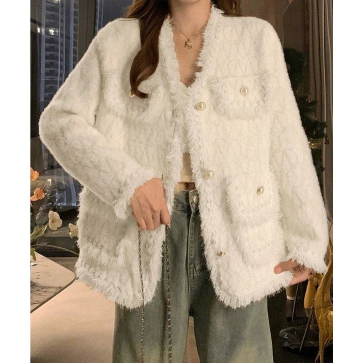 オフホワイト | ツイード風ニットジャケットレディース上品 | Miniministore