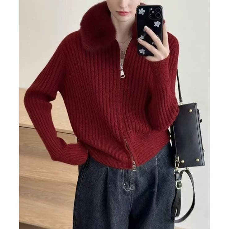 ワインレッド | ファー襟ニットカーディガン ダブルジップ | Miniministore