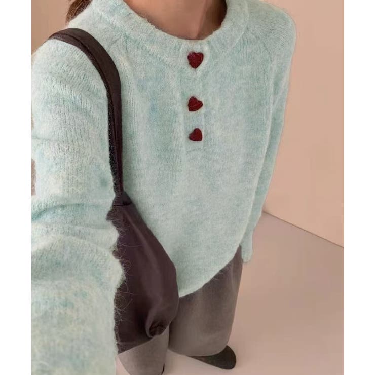 ライトブルー | ハートボタンニットトップス ハーフボタン | SUNSHINE CLOSET