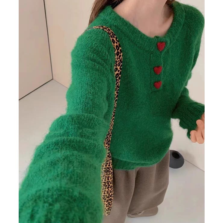 グリーン | ハートボタンニットトップス ハーフボタン | SUNSHINE CLOSET