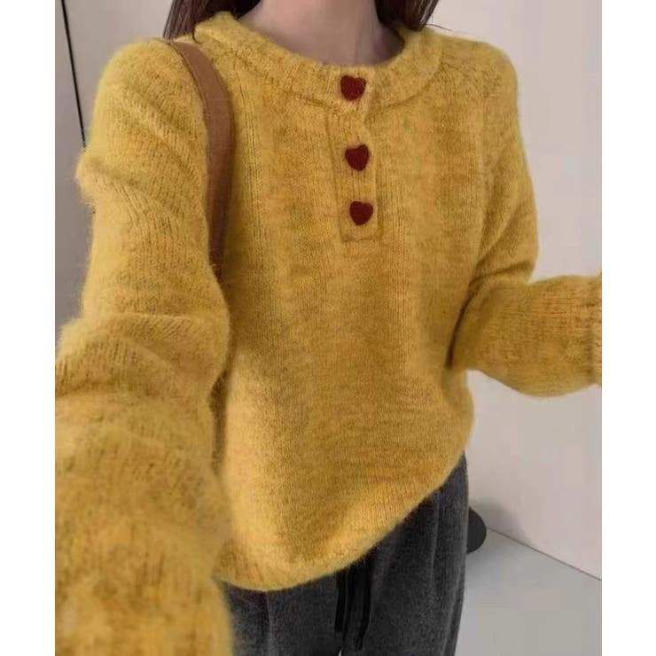 イエロー | ハートボタンニットトップス ハーフボタン | SUNSHINE CLOSET