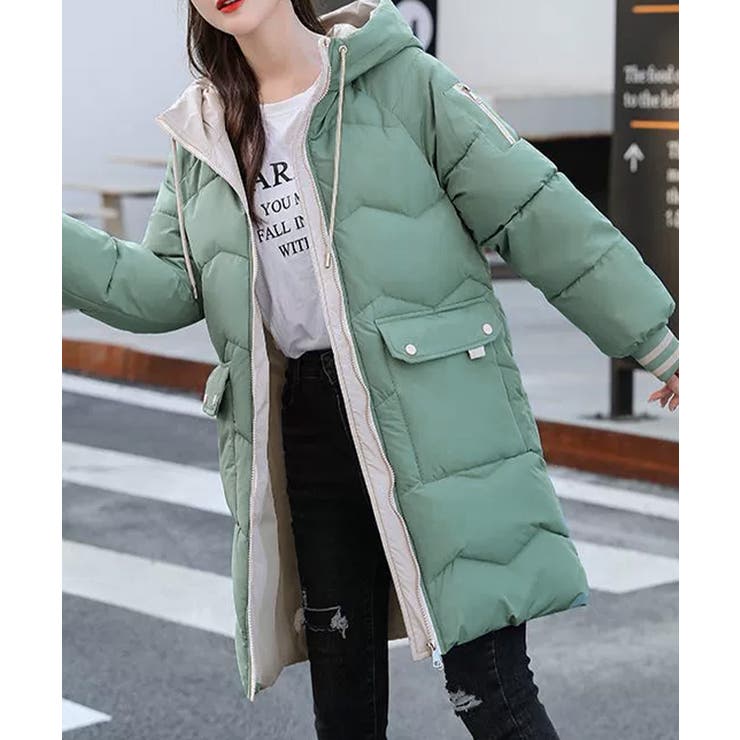 ライトグリーン | フード付きロングダウンコート中綿アウター | Miniministore