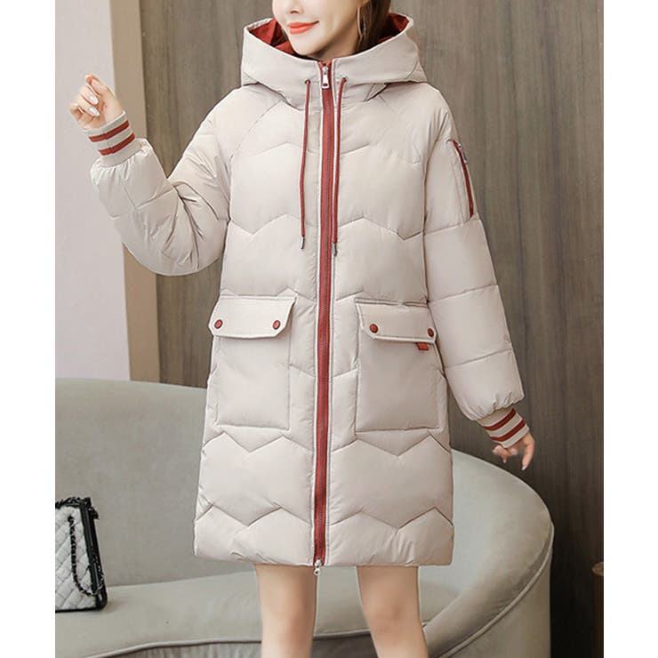 アイボリー | フード付きロングダウンコート中綿アウター | Miniministore