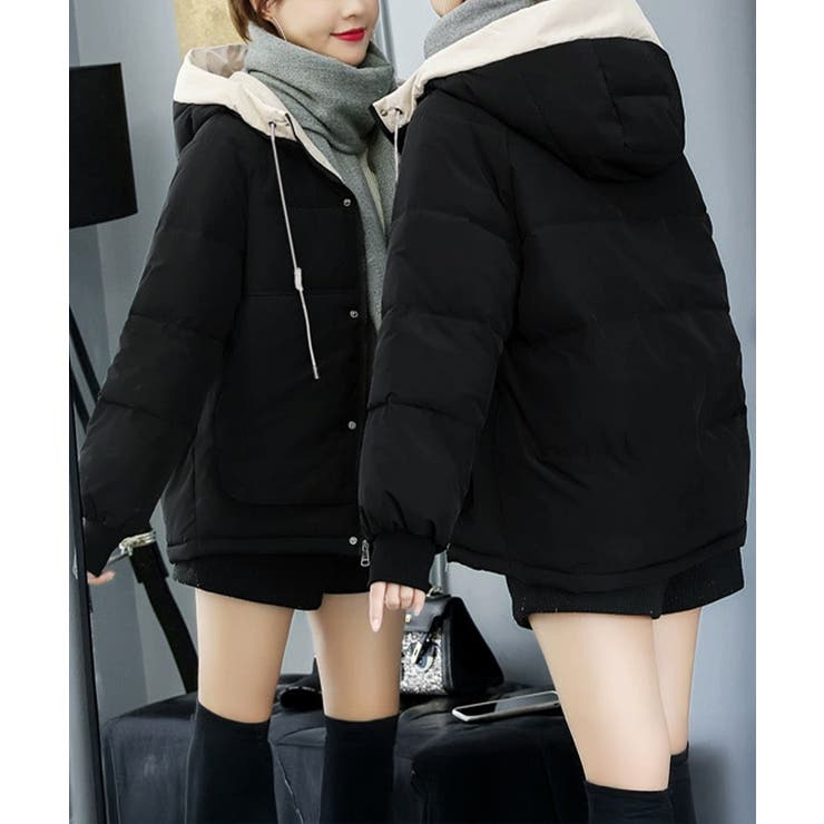 ブラック | 配色フード付き中綿ジャケットレディース冬 | Miniministore