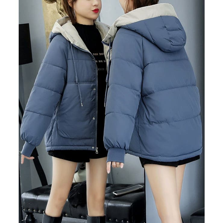 ダークブルー | 配色フード付き中綿ジャケットレディース冬 | Miniministore