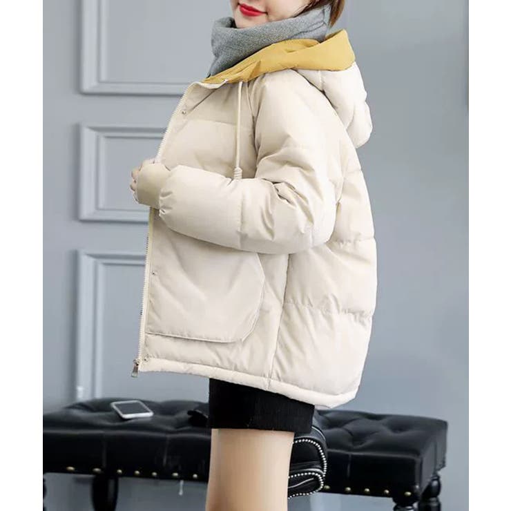 アイボリー | 配色フード付き中綿ジャケットレディース冬 | Miniministore