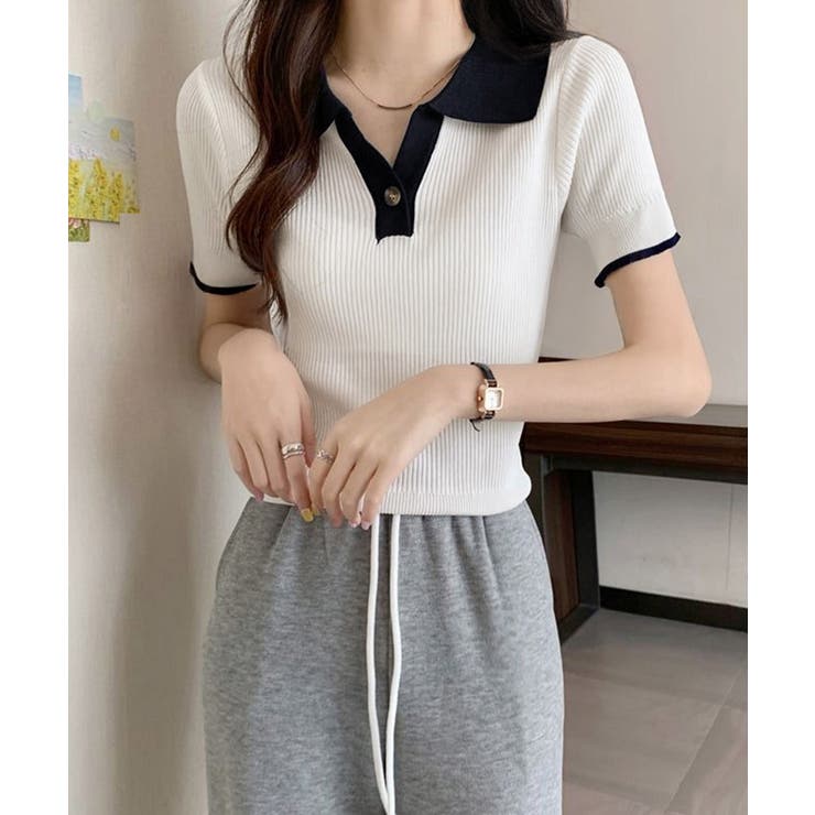 ホワイト | ポロニットトップス半袖ポロシャツVネック | Miniministore