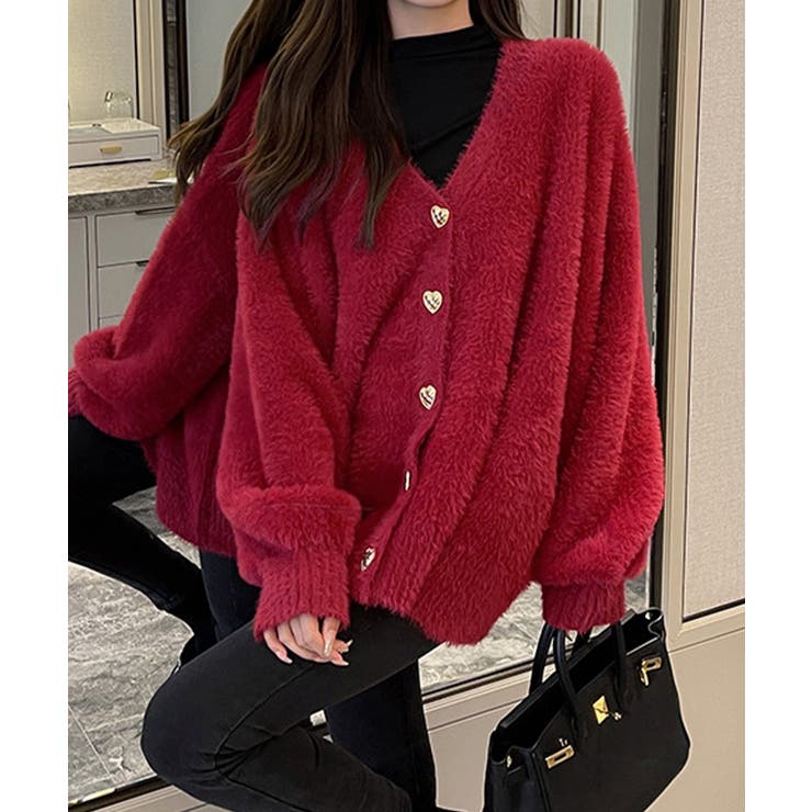 ワインレッド | シャギーカーディガンゴールドボタン韓国風 | Miniministore