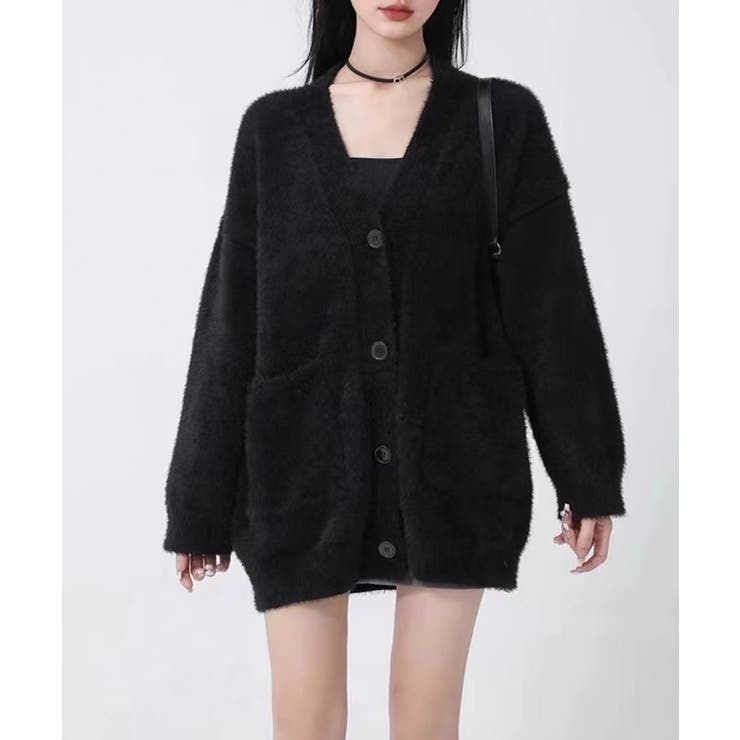 ブラック | シャギーニットカーディガンVネック秋冬服 | SUNSHINE CLOSET