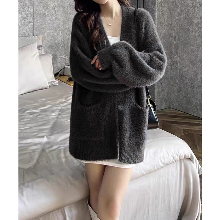 ダークグレー | シャギーニットカーディガンVネック秋冬服 | SUNSHINE CLOSET