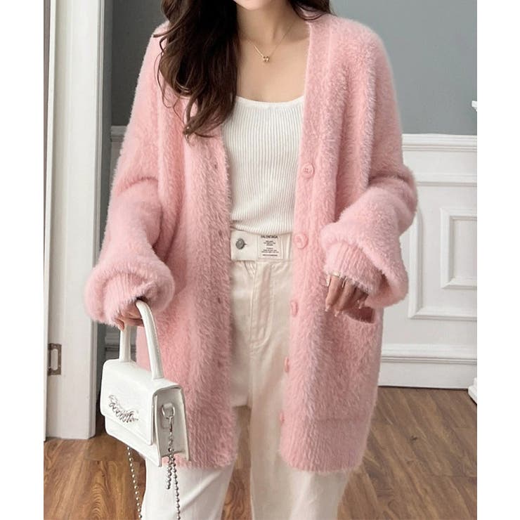 ピンク | シャギーニットカーディガンVネック秋冬服 | SUNSHINE CLOSET