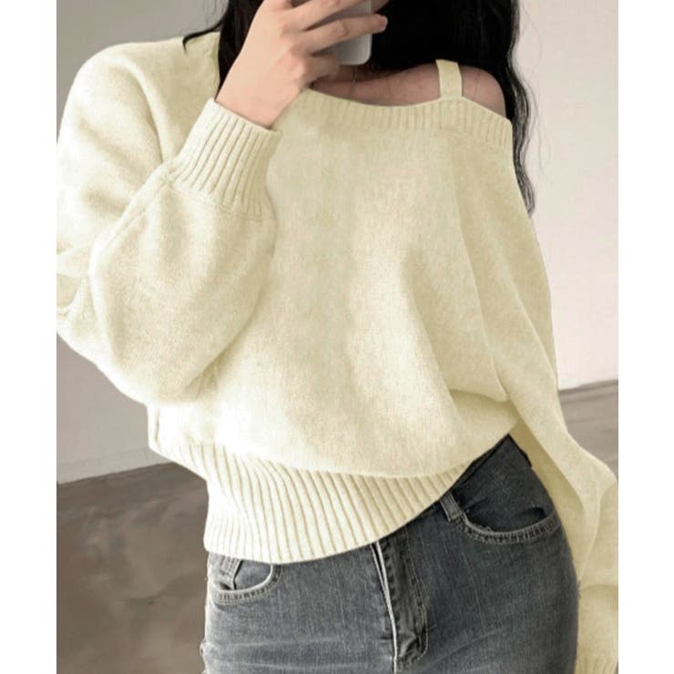 アイボリー | オフショルダーニットトップス肩見せ秋冬服 | Miniministore