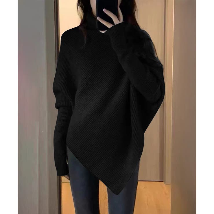 ブラック | ハイネックニットセーター 不規則デザイン | Miniministore