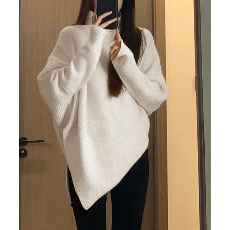 アイボリー | ハイネックニットセーター 不規則デザイン | Miniministore