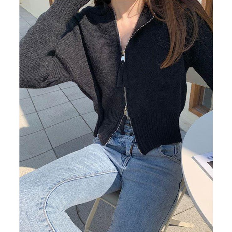 ブラック | ダブルジップリブニットカーディガン韓国風 | SUNSHINE CLOSET