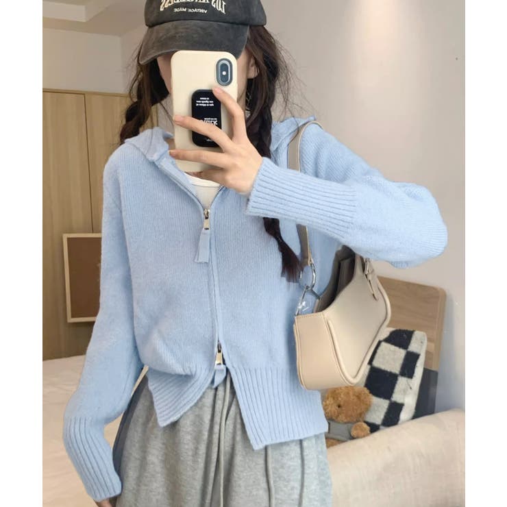 ブルー | ダブルジップリブニットカーディガン韓国風 | SUNSHINE CLOSET