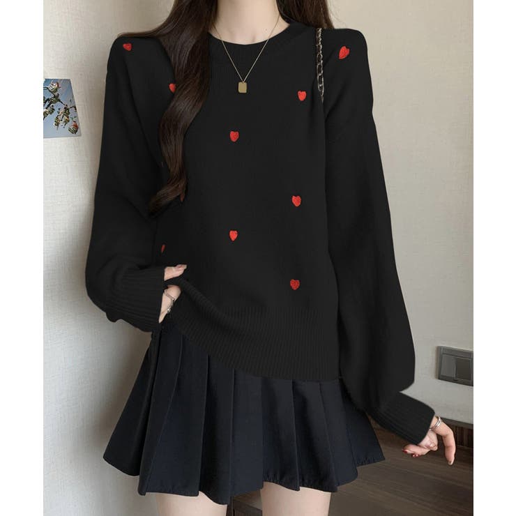 ブラック | クルーネックハート柄ニットセーター韓国風 | SUNSHINE CLOSET