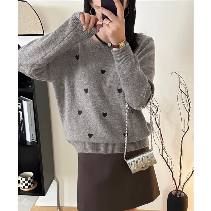 グレー | クルーネックハート柄ニットセーター韓国風 | SUNSHINE CLOSET