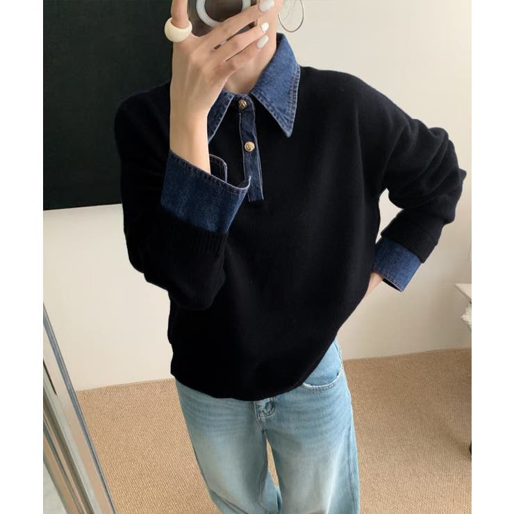 ブラック | デニム切り替え レイヤード風ニットポロ襟 | SUNSHINE CLOSET