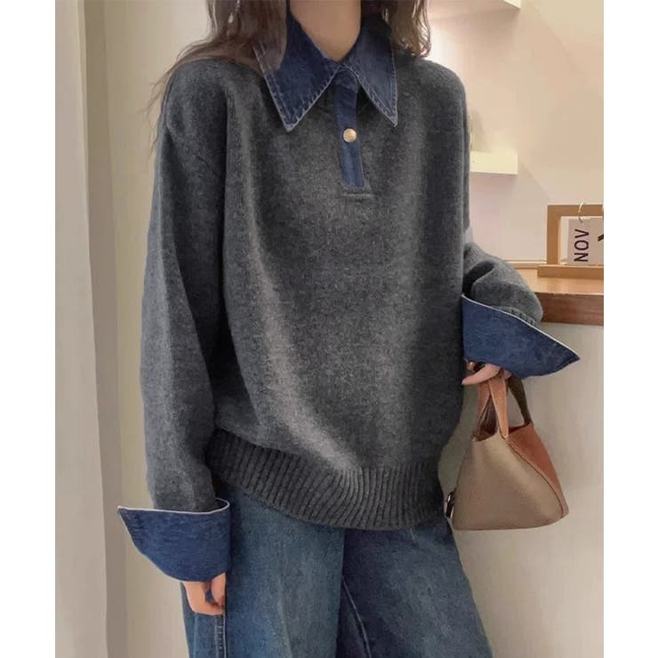 グレー | デニム切り替え レイヤード風ニットポロ襟 | SUNSHINE CLOSET