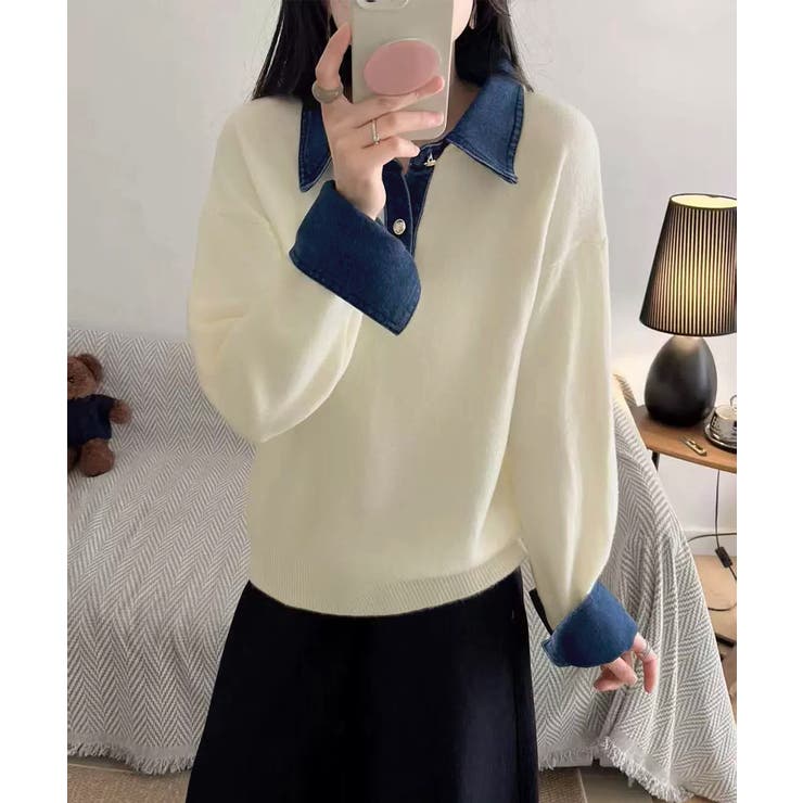 アイボリー | デニム切り替え レイヤード風ニットポロ襟 | SUNSHINE CLOSET