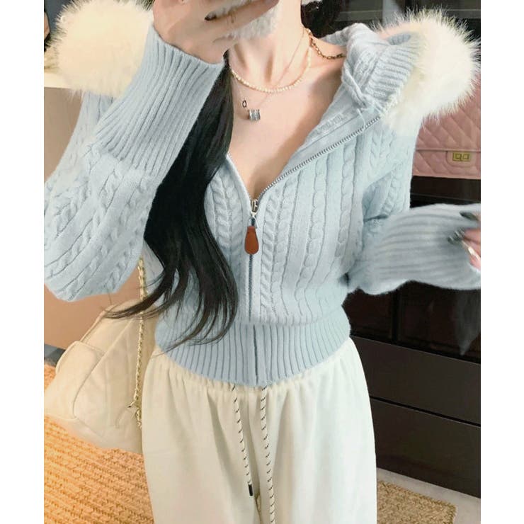 ブルー | フード付きケーブル編みニットカーディガン | SUNSHINE CLOSET