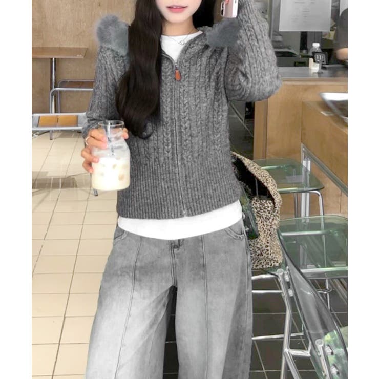 グレー | フード付きケーブル編みニットカーディガン | SUNSHINE CLOSET