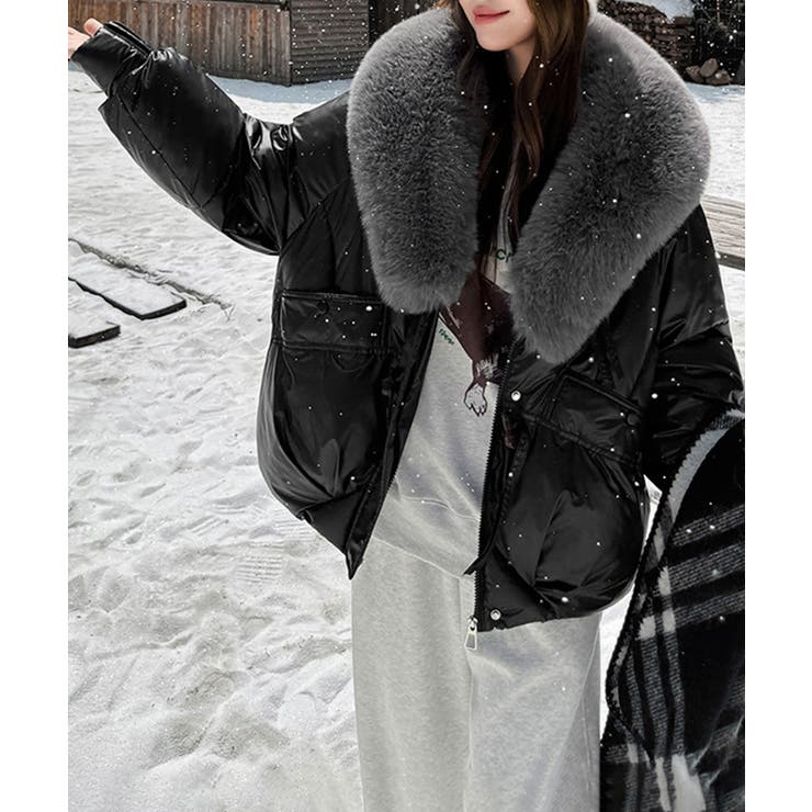 ブラック | エコダウンジャケットファー襟中綿アウター | Miniministore