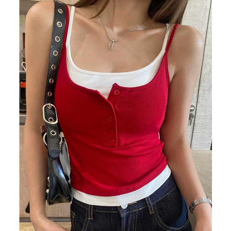 レッド | カップ付きレイヤード風タンクトップ韓国風 | Miniministore