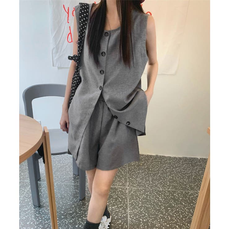 グレー | ノースリーブジレショートパンツセット夏服 | Miniministore