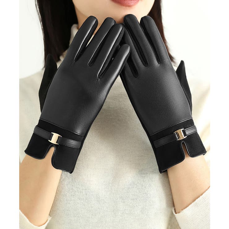 ブラック | スマホ対応 PUレザー手袋レディース防寒 | SUNSHINE CLOSET