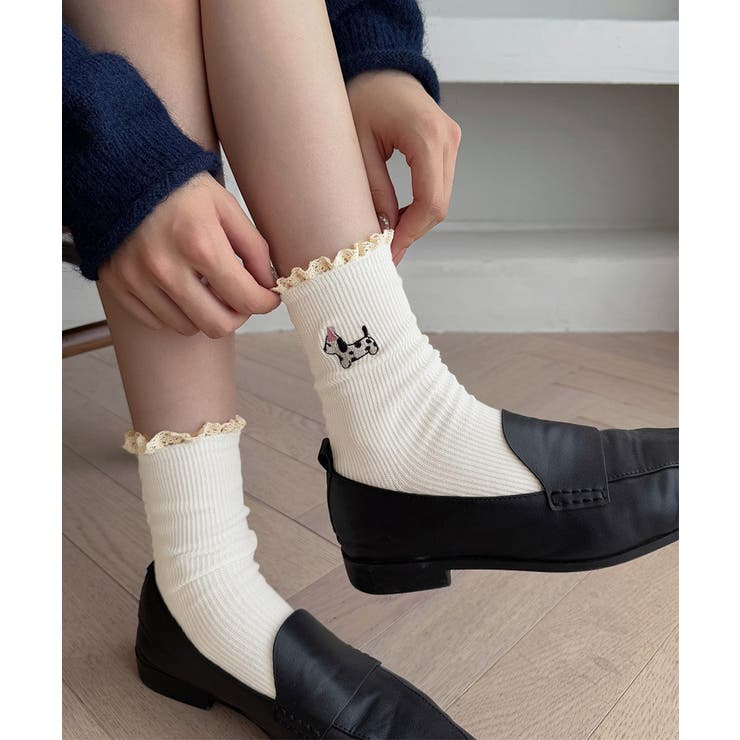 オフホワイト | フリルソックス 犬柄 コットン靴下可愛い | Miniministore