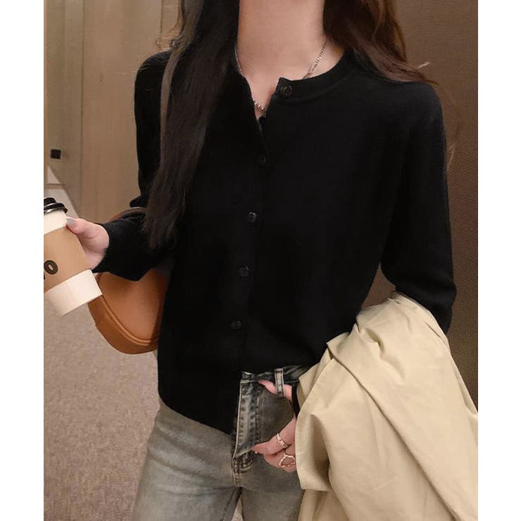 ブラック | クルーネックニットカーディガン シンプル | Miniministore