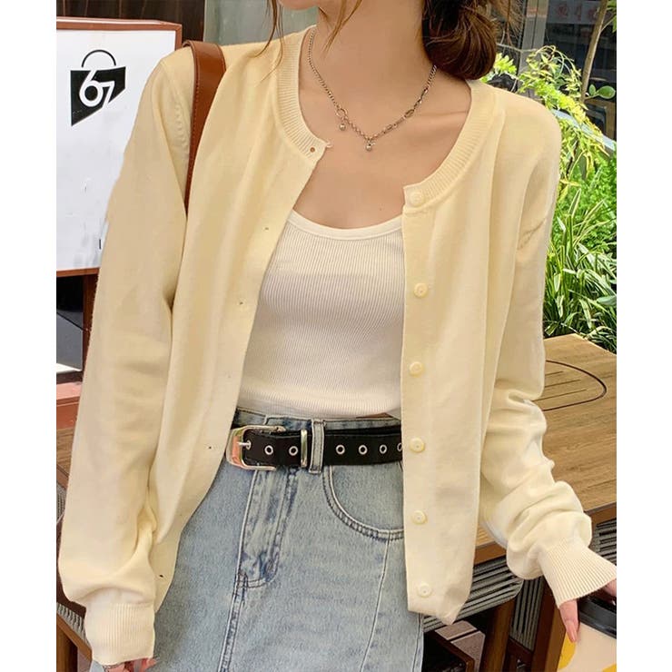クリーム | クルーネックニットカーディガン シンプル | Miniministore