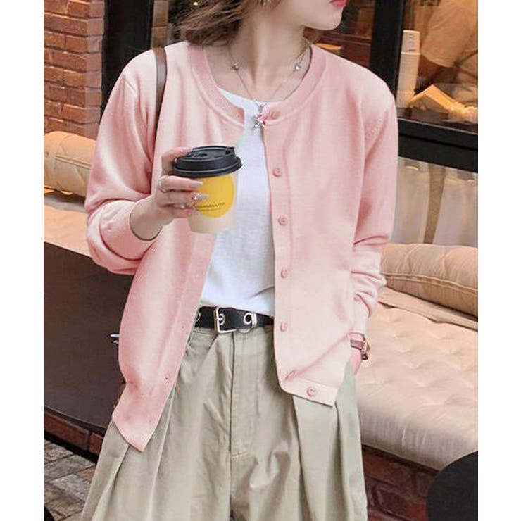 ピンク | クルーネックニットカーディガン シンプル | Miniministore